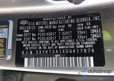 2013 Kia Sorento Lx из США, поврежденный, VIN 5XYKT3A1XDG417876